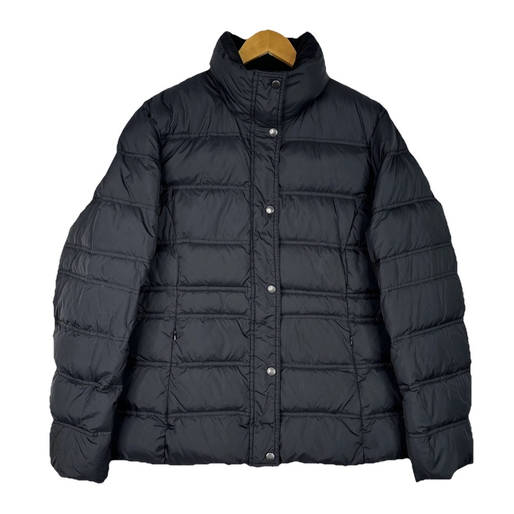 Lands End Down Puffer Jacket Womens Black Winter Coat Zip Snap Front
